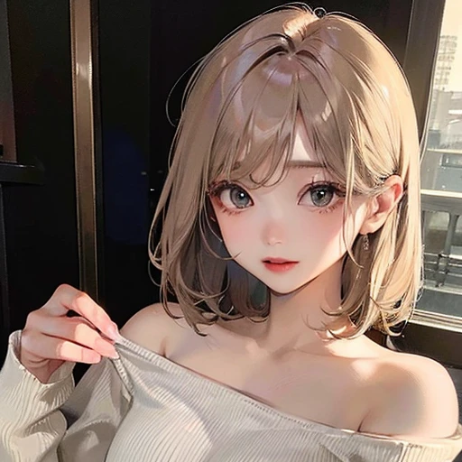 (highest resolution、clear_image)highest quality、woman、masterpiece、very detailed、semi-realistic、light cream hair、short hair、Long neckline、gray eyes、21 years old、shoulder length hair、mature、young、V-neck sweater、exquisite features、Asian Girl、Japanese、Dark Eyes、Waist up shot