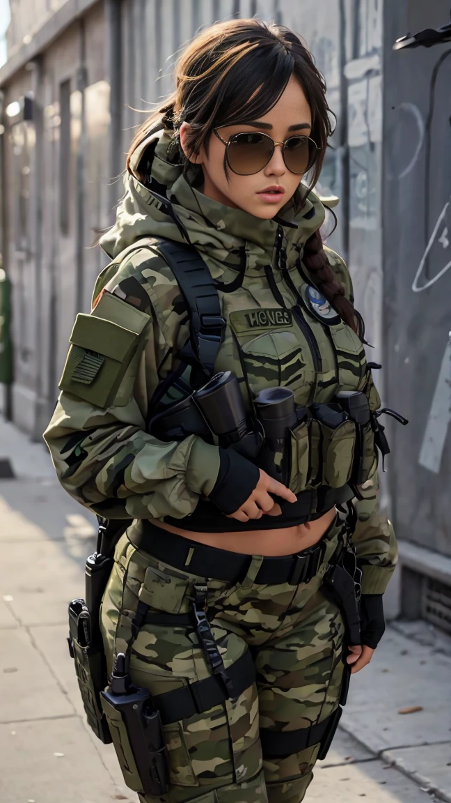 One of them is sexy, big breasts, athletic body, the sports game, a club in military green, camouflage doll, camouflage pants, high boots with a backpack on the back, sunglasses in the Urban scene