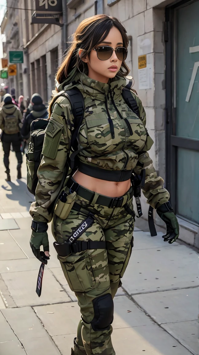 One of them is sexy, big breasts, athletic body, the sports game, a club in military green, camouflage doll, camouflage pants, high boots with a backpack on the back, sunglasses in the Urban scene