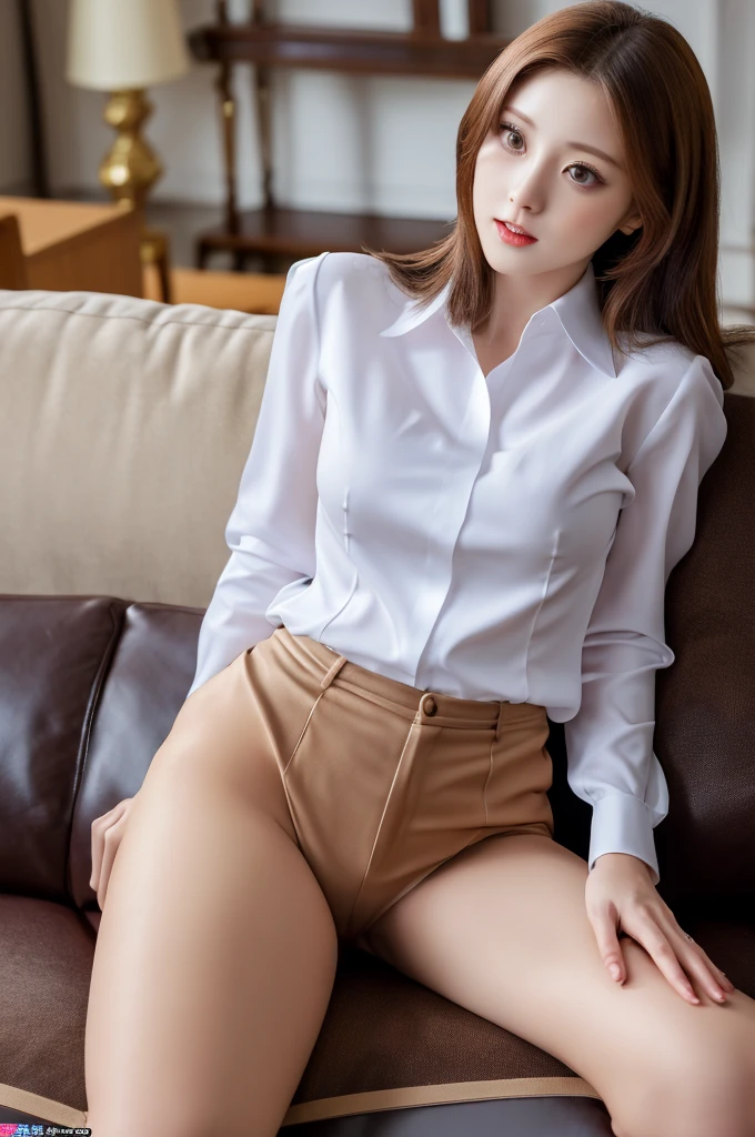 perfect proportions of a woman's body, a beautiful face of an 24 year old actress, tight formal shirt is worn, woman's crotch is naked and exposed, woman's pubic hair, sitting on the sofa in living room, nsfw, best quality, highly detailed, masterpiece, ultra high res, photo realistic, 8k, japanese