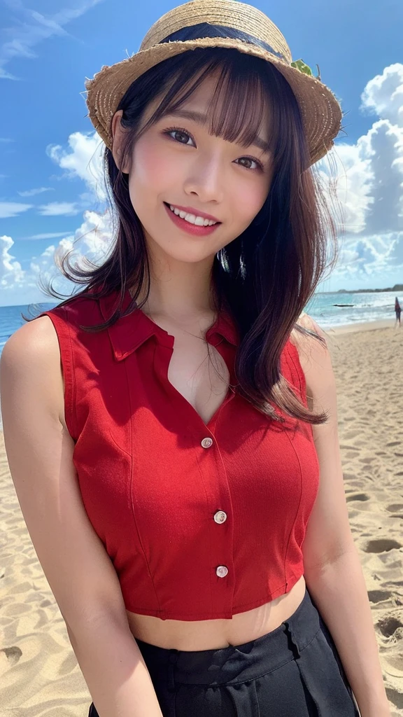 One girl, masterpiece, high quality, High resolution, monkey_d_Luffy, Straw hat, gender swap, (Red Shirt:1.5), (Open shirt:1.5),(Sleeveless shirt:1.5), Outdoor, Big Breasts, Cleavage, whole body, null, cloud, Complex background, Warm Light, white mesh panty, (Top crop:1.2), Covered nipples, short hair, (Ocean:1.3), Beach,(dark brown skin,tanned skin
:1.55)、(Droopy eyes, Natural Makeup、Ultra-high definition beauty face:1.35)、(Ultra high resolution perfect beautiful teeth, Mid-chest, Tight waist,laugh smile:1.15)、Use natural light and color,lity glossy lip