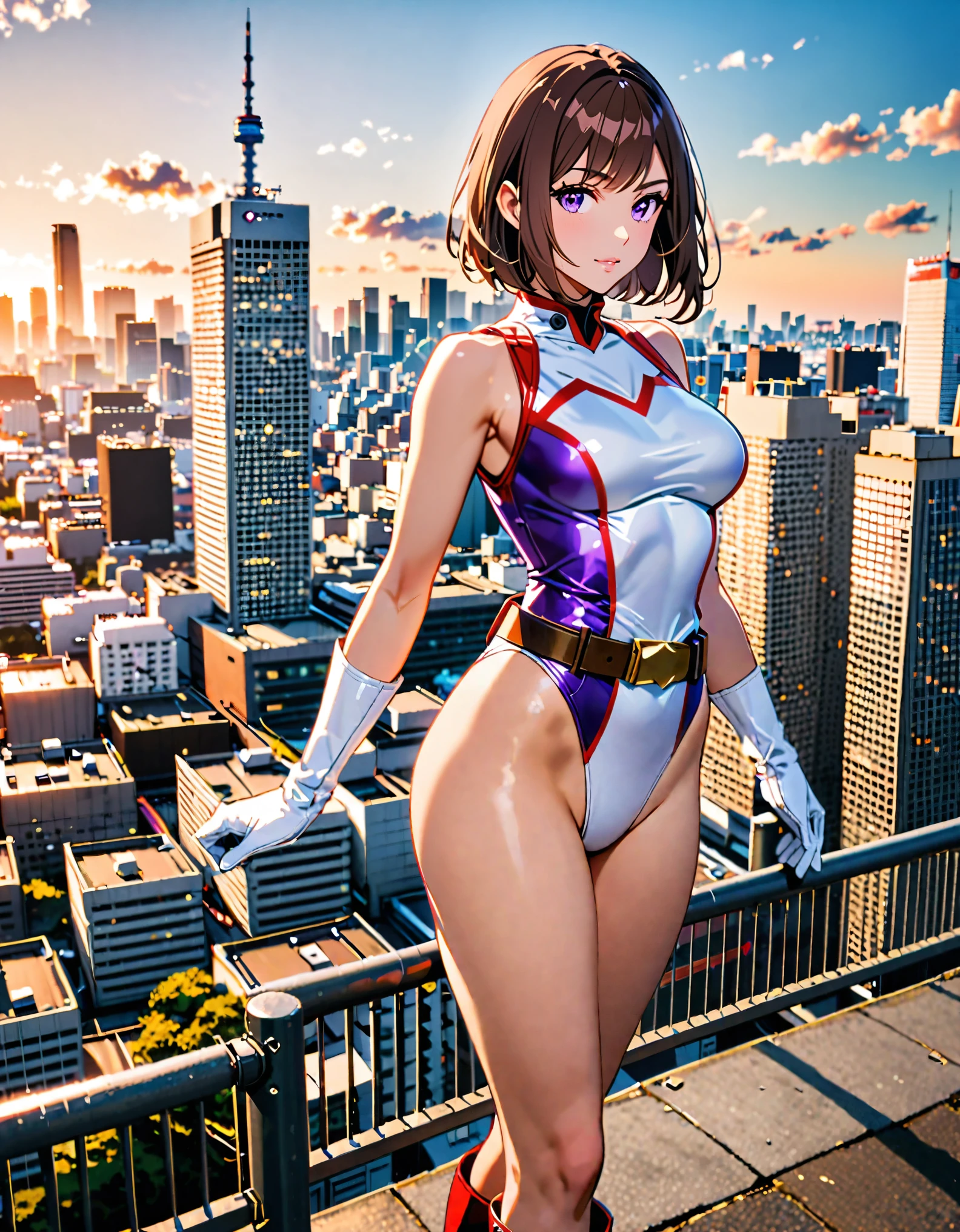 (masterpiece), (best quality), (high res), medium breasts, ((leotard, white and red leotard, matching leotard, sleeveless, bare legs)), ((tight belt, gold belt)), ((boots, matching boots, ankle-high boots, white boots)), ((gloves, white gloves)), city backdrop, tokyo city backdrop, solo, solo focus, standing, (full body), cowboy shot, superhero, ((beautiful detailed eyes)), (brown hair, medium hair, bob hair, purple eyes), (perfect hands, perfect anatomy), cowboy shot, superhero, ((beautiful detailed eyes)), full body costume design, ((rear view, back view)).