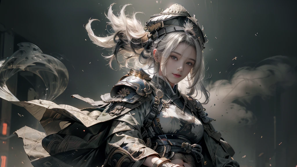 high quality,high resolution,masterpiece,8K,(超realism的照片),(portrait),Digital Photography,(realism:1.4),20 year old girl,Exquisite facial features,Glowing sword,((Cyberpunk style Chinese warrior)),Feel free to hairstyle,(white hair),Large Breasts,,(Cyberpunk battle suit combining science fiction and ancient style,Hollow carving design,Metal shoulder pads,Intricate clothing patterns,bamboo hat),(show navel),shut your mouth,frown,Smile,cold and serious,extremely detailed expression,Real details,Light Magic,Photo poses,oc render reflection texture