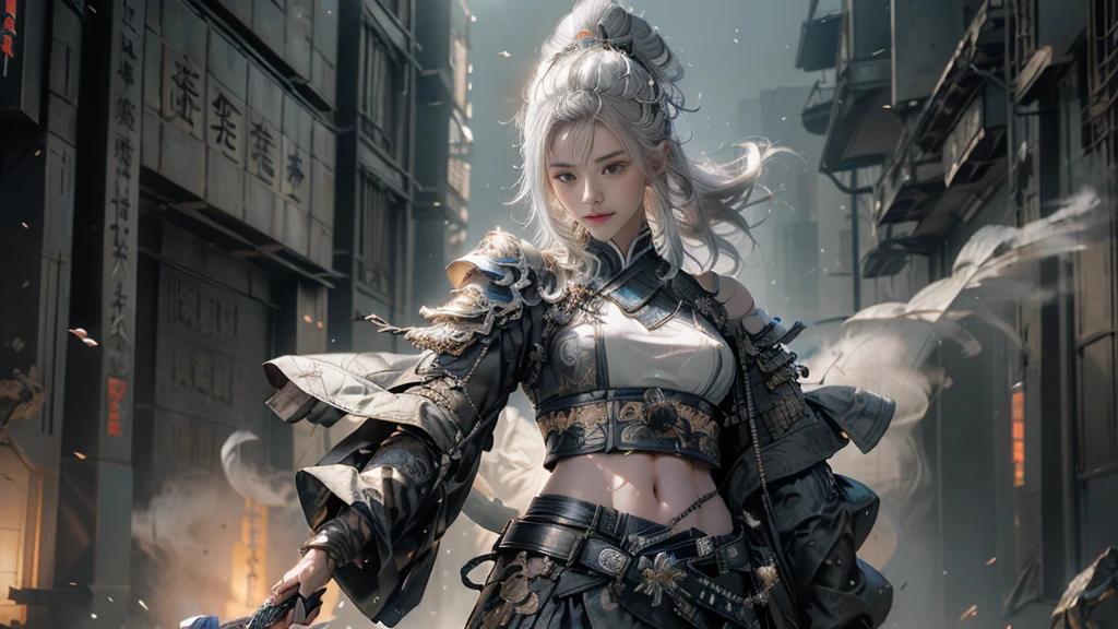 high quality,high resolution,masterpiece,8K,(超realism的照片),(portrait),Digital Photography,(realism:1.4),20 year old girl,Exquisite facial features,Glowing sword,((Cyberpunk style Chinese warrior)),Feel free to hairstyle,(white hair),Large Breasts,,(Cyberpunk battle suit combining science fiction and ancient style,Hollow carving design,Metal shoulder pads,Intricate clothing patterns,bamboo hat),(show navel),shut your mouth,frown,Smile,cold and serious,extremely detailed expression,Real details,Light Magic,Photo poses,oc render reflection texture