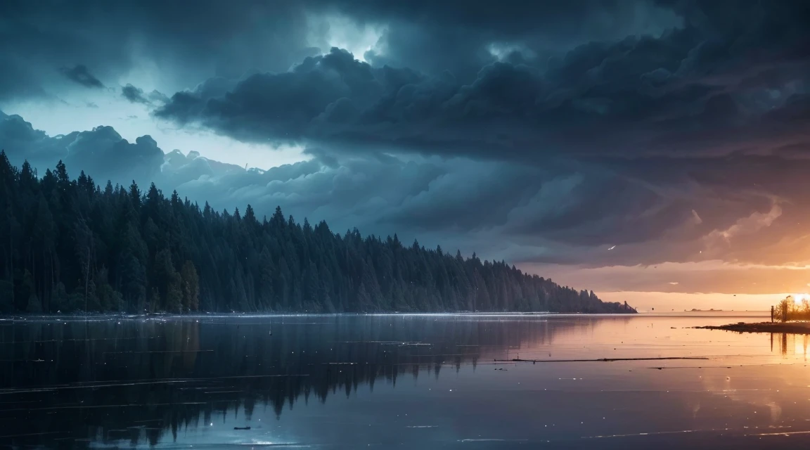 A lot of rain falling on the mirror-like surface of the water, several ripples on the surface of the water, it keeps falling, (Photographic, Best Quality, High Quality, Highres:1.4), Detail, Highly Detailed, Ambient Soft Lighting, 4K, Background, Field of View Depth,