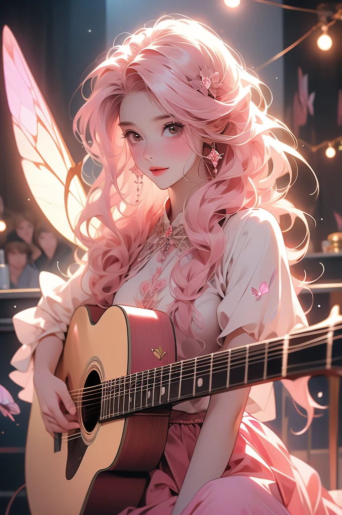 1girl, moth-girl, monster-girl, straight shoulder-long pink hair with brown roots, pink moth wings, moth antennae, gentle smile, insect wings, hippie skirt, intricate blouse, guitar, rockstar