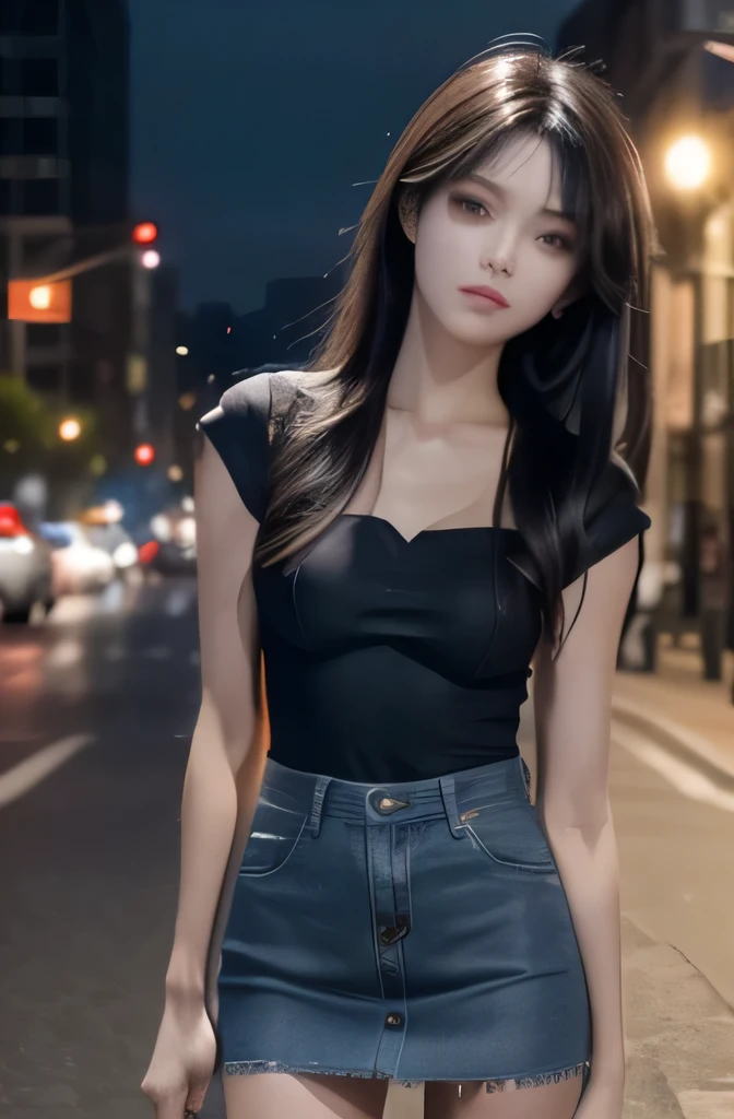 (((best quality))),1 female,slender face,Black Hair,Brown Eyes,medium hair,straight hair,looking at viewer,small breasts,25 years old,No pubic hair,Height: 165cm,City of night,Night Dweller,Damaged denim miniskirt,(((Cool Beauty)))