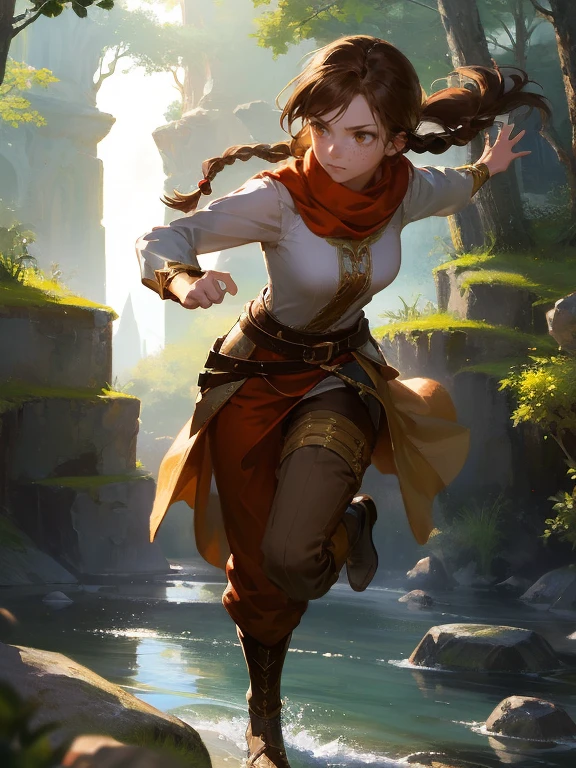 masterpiece, best quality, rpg character art, epic fantasy art style, 1 girl, Lily,  girl running towards viewer, kid, seriouemeaner, dynamic pose, super powers, ready for battle, she has a white glow around her body, she's controlling floating rocks, moving floating rocks to attack, ready to attack, in the heat of battle, using super powers, full body fantasy concept art, caramel brown hair in 2 long braids, brown eyes, freckles, high detail, fantasy medieval style clothes (light clothing, skirt with pants), modest but feminine, intricate details, ultra high resolution, sharp focus, HD, 8k, clear facial features, clear details, background is a forest, zoomed out view