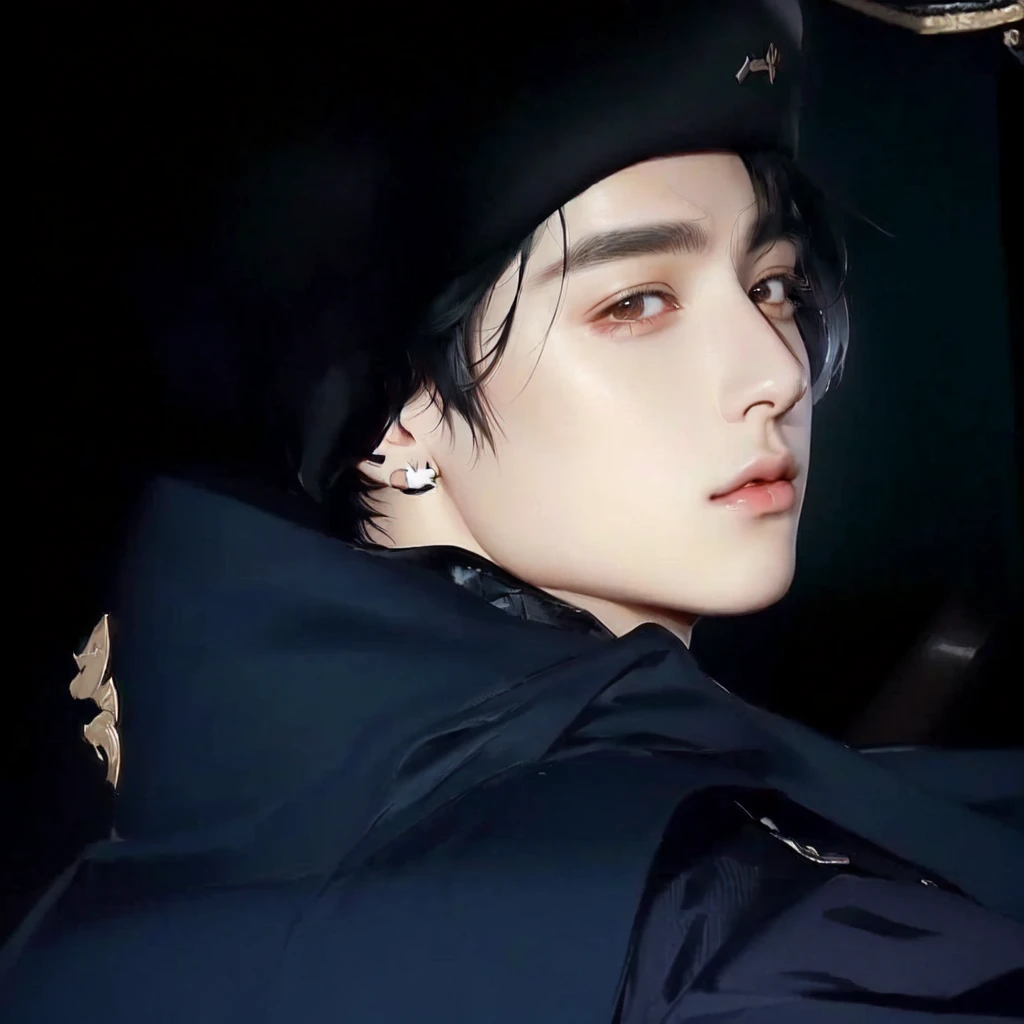hay un hombre con una chaqueta negra y un sombrero negro, jungkook, inspirado en Zhu Da, yoongi de pelo negro, cai xukun, hyung tae, jinyoung shin, taken in the early 2020s, kim doyoung, brillante por la lluvia, kim taejin, young pale angel, Jung Jaehyun, retrato de jossi de blackpink ((jungkook)) ((rostro masculino)) ((detallado)) ((jk)) ((ojos perfectos))