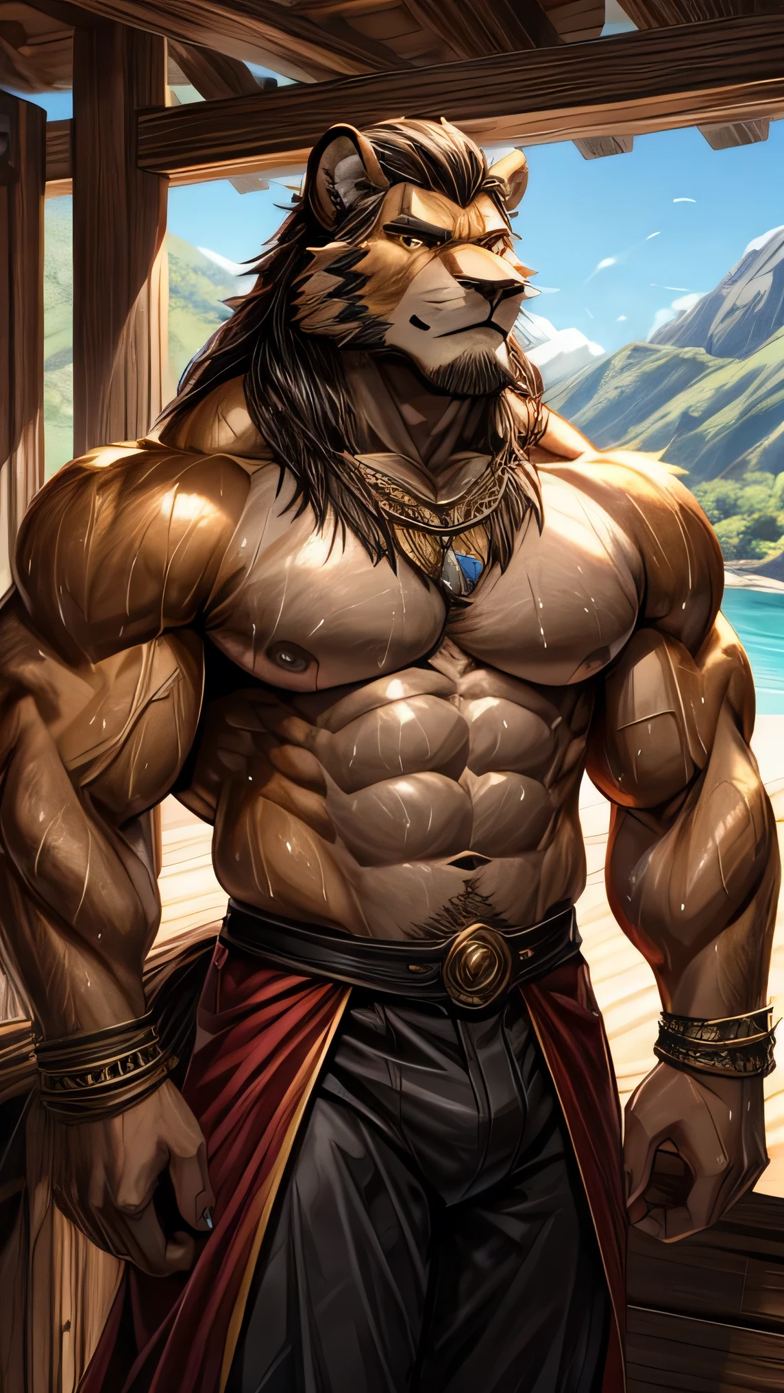 A sexy golden lion,alto, cuerpo delgado,bien definido,una melena anaranjado con rojo largo y elegante,sus ojos de color rojo penetrantes, taparrabos anaranjado con rojo elegante,fondo:en la tarde en la playa, cabin in the distance,some mountains with trees in the distance, In addition, the sexy golden lion is alone in a photo session standing front-centered, make your muscles look good)),(((bathed in sweat all over his muscular body))),((( any types of accessories or objects on his muscular body))).