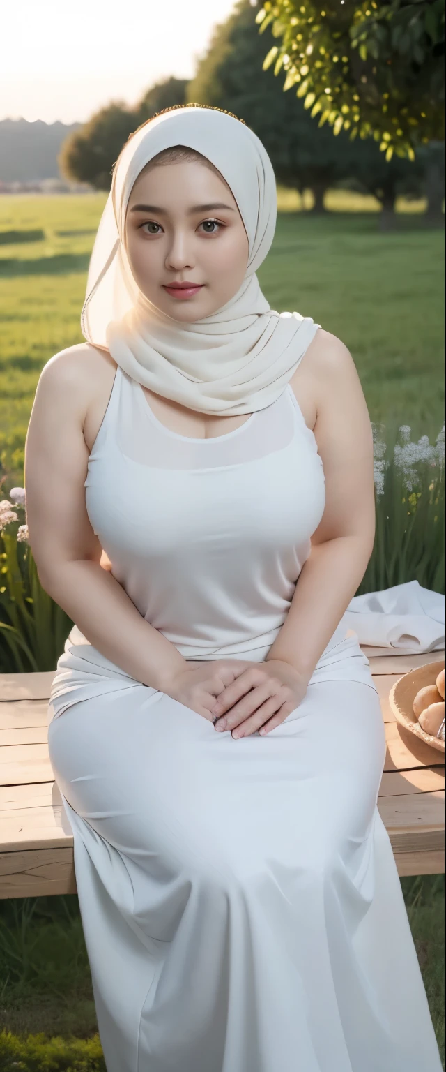 ( Close Up),RAW, Best quality, high resolution, works: 1.3), Beautiful Malay woman in hijab, Masterpiece, fit body, big breasts, beautiful big eyes, Soft smile, beautiful face, woman sitting at a table in a green meadow, traditional beauty, moment sunset, in the field, in the countryside, beautiful woman, with the sunset, wearing a soft long dress, muslim,, hijab, beautiful woman, with a beautiful appearance, a very beautiful masterpiece, a masterpiece of art, good lighting, Bright colors, Clean lines, chubby body, wide chubby hips, chubby arm, chubby massive thighs , massive cleavage , massive armpits , white armpits , armpit hair , extra-large cleavage, full body , milky white skin , open legs, armpit