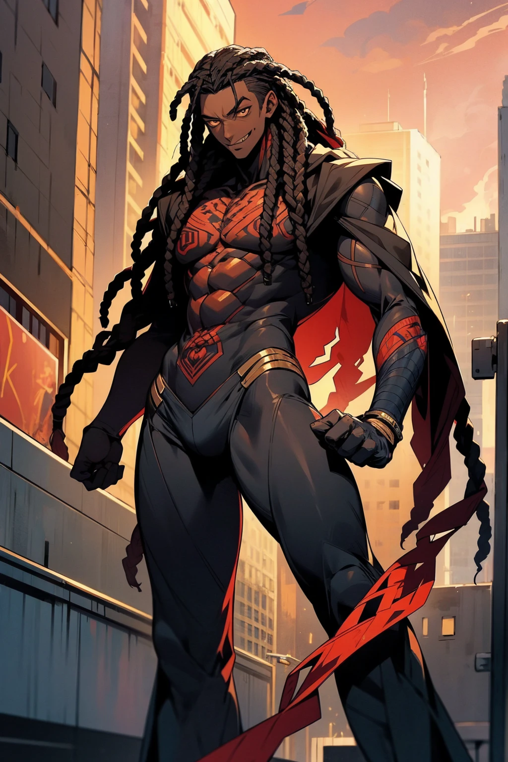 1male, dark skin, dreadlocks, grinning, golden eyes, red and black suit, tattoos, ripped suit, city background, detailed background, hands to side, standing on path