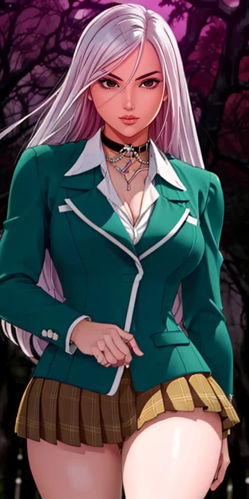 (Beautiful,Breasts:1.0), (beautiful_face:1.5),(narrow_waist) , (best quality, ultra-detailed, photorealistic: 1.37), vivid colors and vibrant ), , green jacket,white collared shirt, pleated skirt, Black Choker,
chained, jewelry,
White Hair, long hair, red eyes, Bangs,
1 girl, 20yo,Young female, Beautiful Finger, Beautiful long legs, Beautiful body ,Beautiful character design, perfect eyes, perfect face,expressive eyes,perfect balance,
looking at viewer,(Focus on her face), closed mouth, passionate smile, near design castle school, gloomy forest