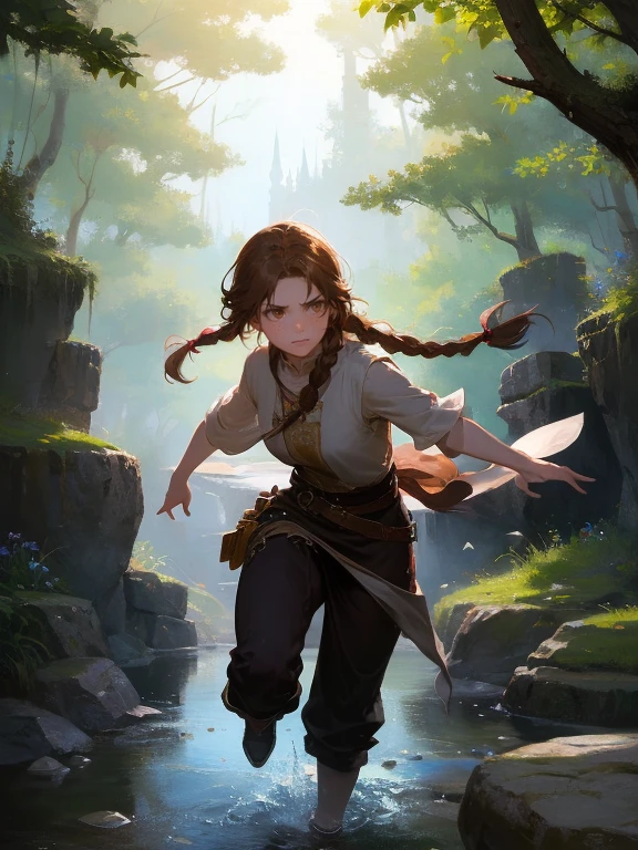 masterpiece, best quality, rpg character art, epic fantasy art style, 1 girl, Lily, girl running towards viewer, kid, seriouemeaner, dynamic pose, super powers, ready for battle, she has a white glow around her body, she's controlling floating rocks, moving floating rocks to attack, ready to attack, full body fantasy concept art, caramel brown hair in 2 long braids, brown eyes, freckles, high detail, fantasy medieval style clothes (light clothing, skirt with pants), modest but feminine, intricate details, ultra high resolution, sharp focus, HD, 8k, clear facial features, clear details, background is a forest, zoomed out view