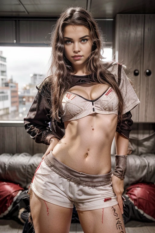 obra maestra, 18 year old nordic girl, (((toma frontal))), sujetador deportivo rosa metalizado, pantalones cortos metalizados rosa fuerte, booty shorts, piel mojada, cabello rojo, pecas, (((in front of the camera))), de pie, manos en la cintura