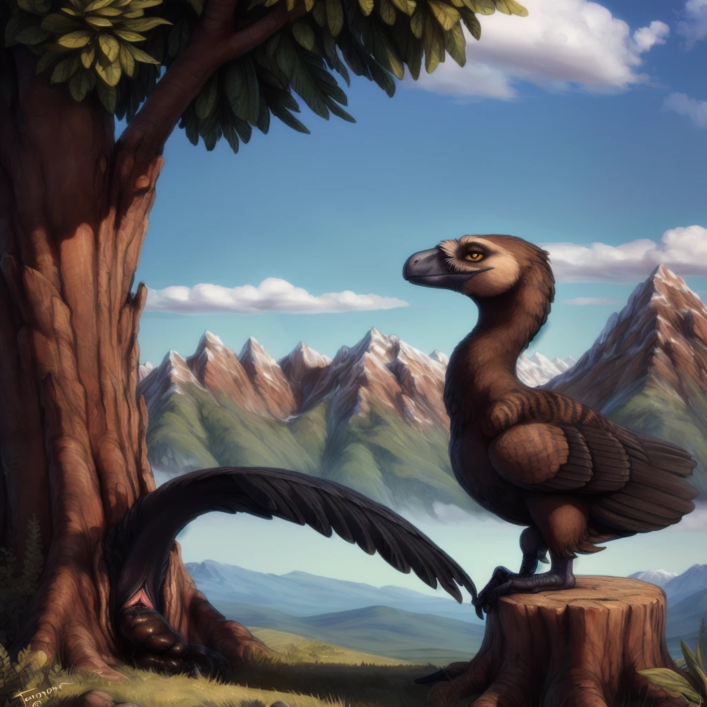 dromaeosaurid, raptor, feathered dinosaur, brown feathers, black feathers, yellow eyes, side view, biped, tail,winged arms, black feet,feral, outside, trees, grass, mountains, clouds, ecmajor, personalami ,fingers,stripes, spot, black face,brown head,((feathers)),sit on a stump, slit pupils, short nose,feathered arms, looking at viewer (hindquaters facing viewer) (nsfw:1.7) (big juicy cloaca gaping dripping very white thick liquid) (horizontal cloaca, slightly gaping) (tight detailed cloaca) (pushing small amount of poop out, of cloaca) (scat:1.2)