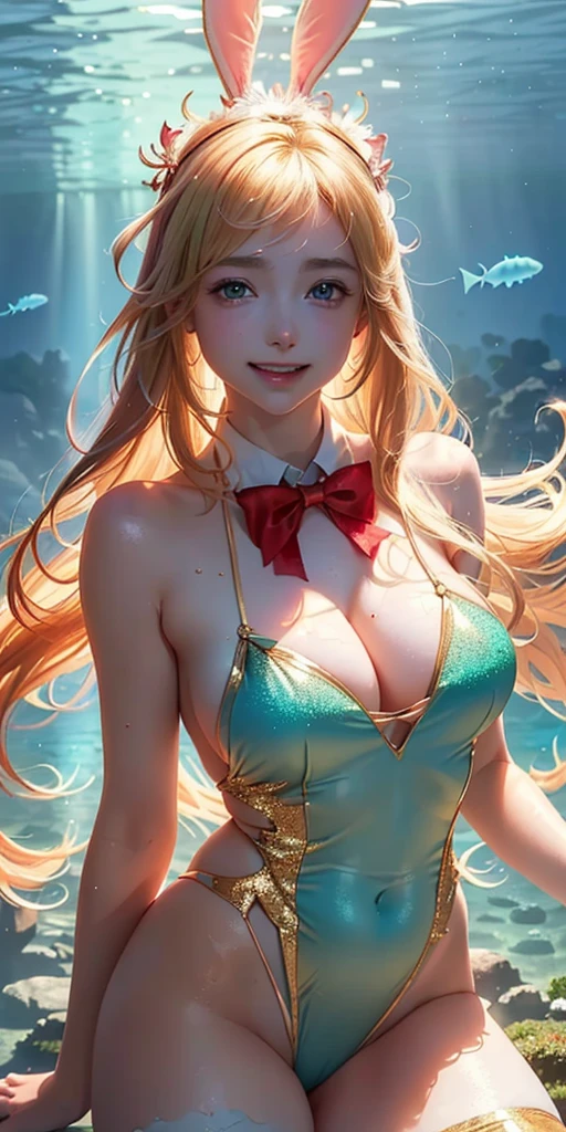 masterpiece, best quality, extremely detailed CG unity 8k wallpaper,((Upper Body)) ,((Upper Body head close-up shot of a beautiful )), , Elegant Long straight blonde hair, (Mckenna Grace), ((gigantic breasts,thighs,Autoluminescence skin)), (red:green) golden (Glittering tutu,long Bunny Ear Headgear, , Bow-tie, No panties, genitals visible), ((spread legs)),(), (Blush), , (seductive smile), (Underwater World), pretty face, key art, award winning, intricate detail realism hdr, by (ruan jia and artgerm and range murata), Photorealism, Hyperrealism, ultra realistic, dramatic light, intense shadows, gorgeous view, depth of field