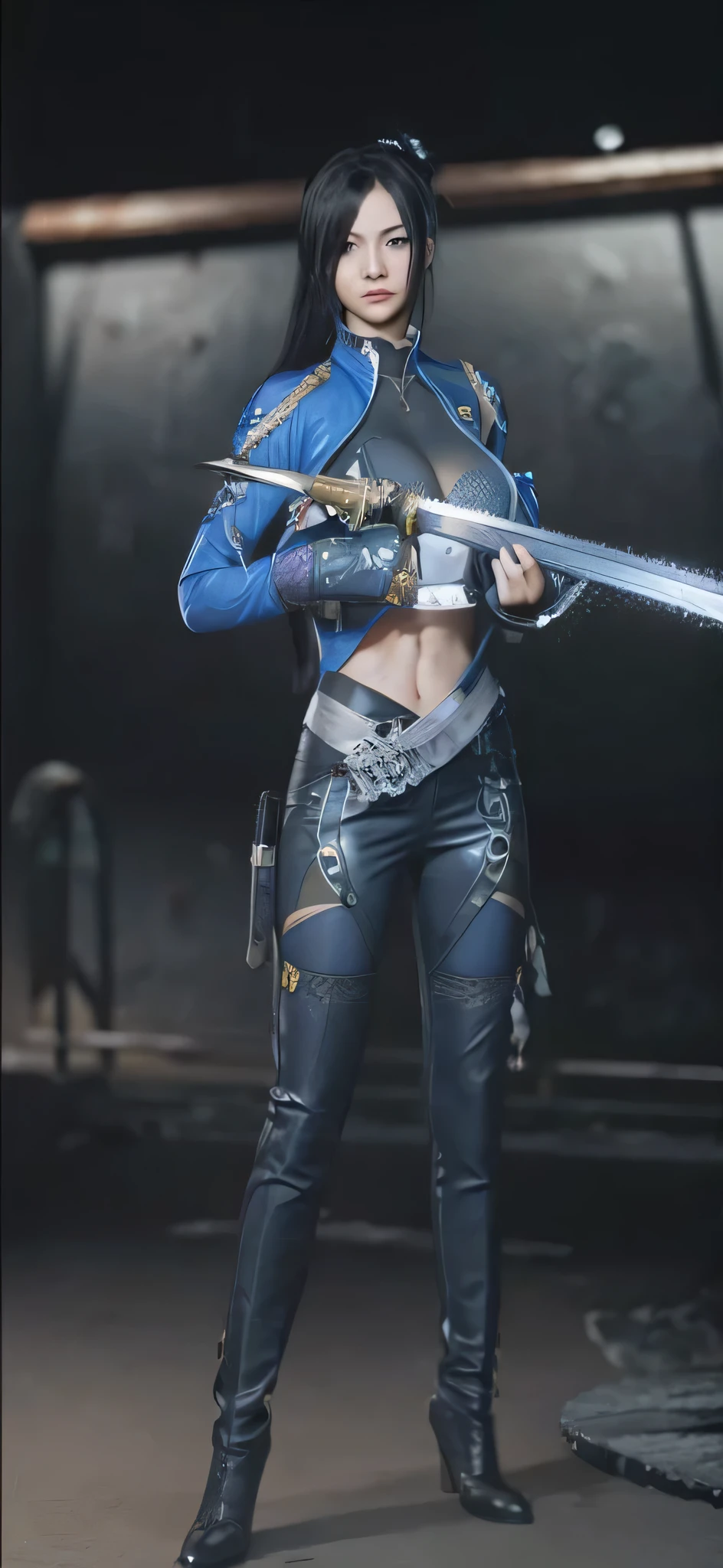 a close up of a person in a costume with a sword, as a character in tekken, female character, tifa lockhart with white hair, katana zero video game character, lunar themed attire, kda, slim body, cyborg - girl with silver hair, upper body avatar, (( medium breast;1.2)), fashion gameplay screenshot, fighting game character, new character, floralpunk elysian maiden, sigma female