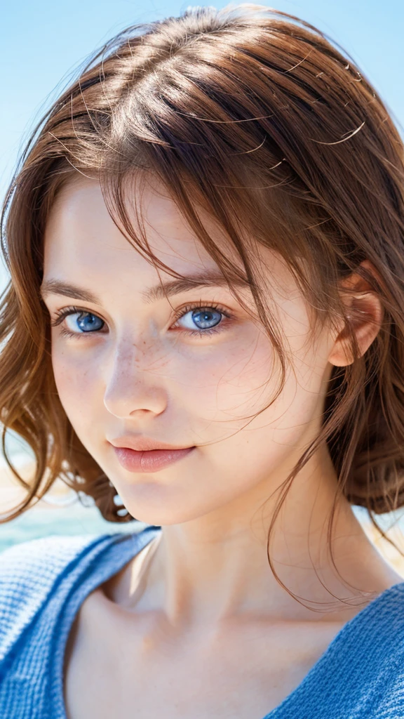 The most beautiful woman, close up of face, perfect skin, symmetrical face, bright blue eyes, wavy hair, perfect face, perfect skin, mild freckels