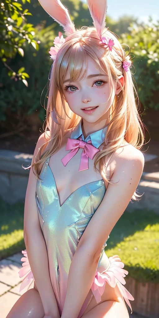 masterpiece, best quality, extremely detailed CG unity 8k wallpaper,((Upper Body)) ,((Upper Body head close-up shot of a beautiful girl)), , Elegant Long straight blonde hair, (Mckenna Grace), ((flat chest,thighs,Autoluminescence skin)), (pink-blue) golden (Glittering tutu,long Bunny Ear Headgear, , Bow-tie, No panties, genitals visible), ((spread legs)),(), (Blush), , (seductive smile), (outdoors), pretty face, key art, award winning, intricate detail realism hdr, by (ruan jia and artgerm and range murata), Photorealism, Hyperrealism, ultra realistic, dramatic light, intense shadows, gorgeous view, depth of field