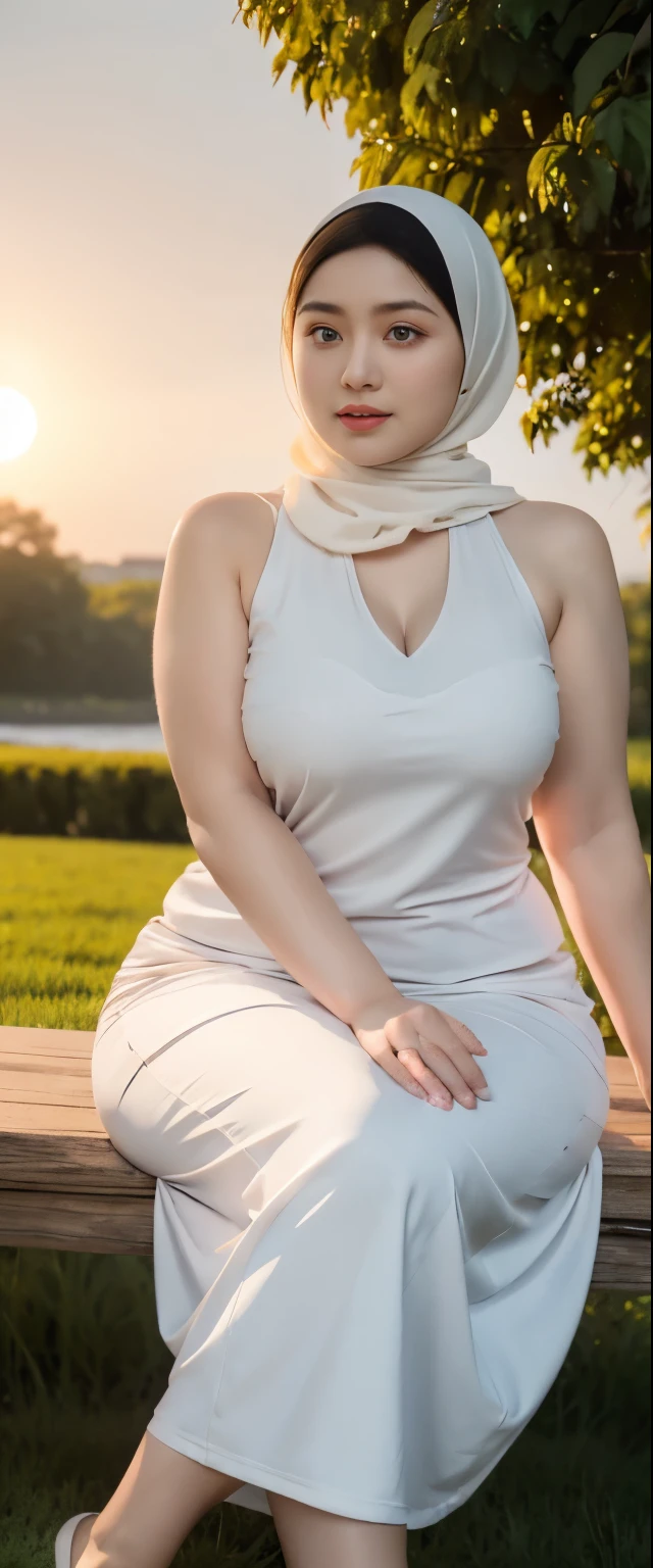 ( Close Up),RAW, Best quality, high resolution, works: 1.3), Beautiful Malay woman in hijab, Masterpiece, fit body, big breasts, beautiful big eyes, Soft smile, beautiful face, woman sitting at a table in a green meadow, traditional beauty, moment sunset, in the field, in the countryside, beautiful woman, with the sunset, wearing a soft long dress, muslim,, hijab, beautiful woman, with a beautiful appearance, a very beautiful masterpiece, a masterpiece of art, good lighting, Bright colors, Clean lines, chubby body, wide chubby hips, chubby arm, chubby massive thighs , massive cleavage , massive armpits , white armpits , armpit hair , extra-large cleavage, full body , milky white skin , open legs, armpit