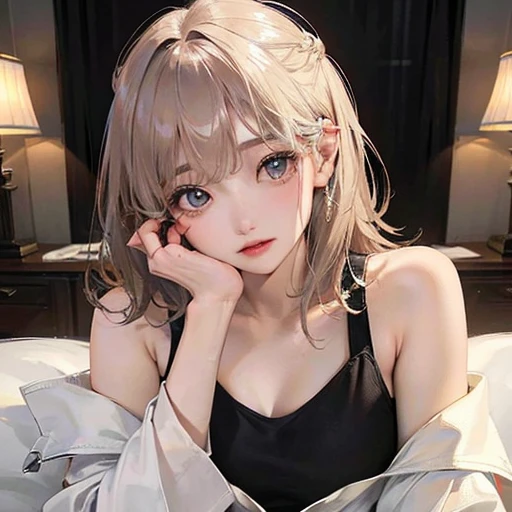 (highest resolution、clear_image)highest quality、woman、very detailed、semi-realistic、light cream hair、short hair、Long neckline、gray eyes、21 years old、shoulder length hair、mature、young、V-neck sweater、exquisite features、Asian Girl、Japanese、Dark Eyes、Waist up shot、