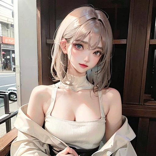 (highest resolution、clear_image)highest quality、woman、very detailed、semi-realistic、light cream hair、short hair、Long neckline、gray eyes、21 years old、shoulder length hair、mature、young、V-neck sweater、exquisite features、Asian Girl、Japanese、Dark Eyes、Waist up shot、
