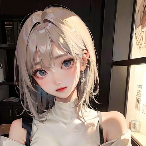 (highest resolution、clear_image)highest quality、woman、very detailed、semi-realistic、light cream hair、short hair、Long neckline、gray eyes、21 years old、shoulder length hair、mature、young、V-neck sweater、exquisite features、Asian Girl、Japanese、Dark Eyes、Waist up shot、
