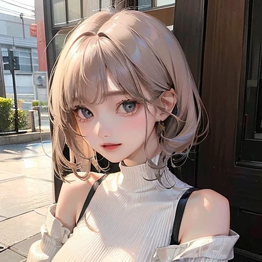 (highest resolution、clear_image)highest quality、woman、very detailed、semi-realistic、light cream hair、short hair、Long neckline、gray eyes、21 years old、shoulder length hair、mature、young、V-neck sweater、exquisite features、Asian Girl、Japanese、Dark Eyes、Waist up shot、