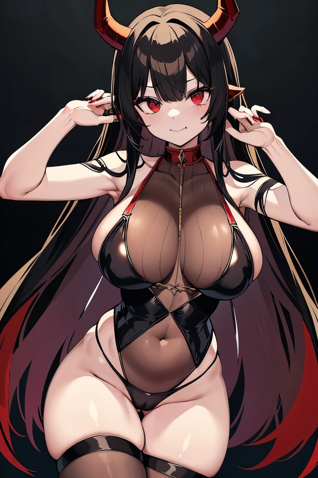 Red eyes,Green muscle,Devil horns,beautiful girl,Long Black Hair,Bangs,Red Mesh,Big Breasts,Thighs,Lori