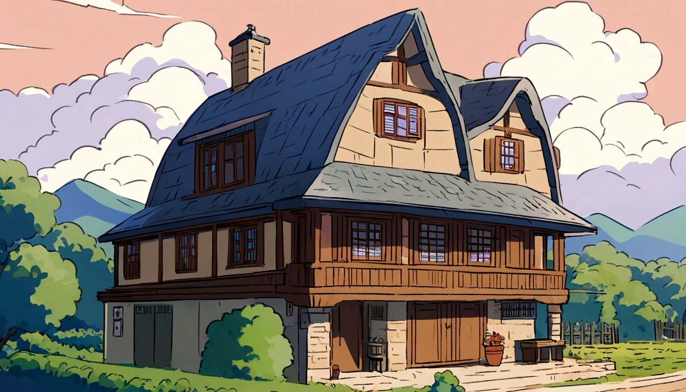 one house, front view, anime house, ghibli style