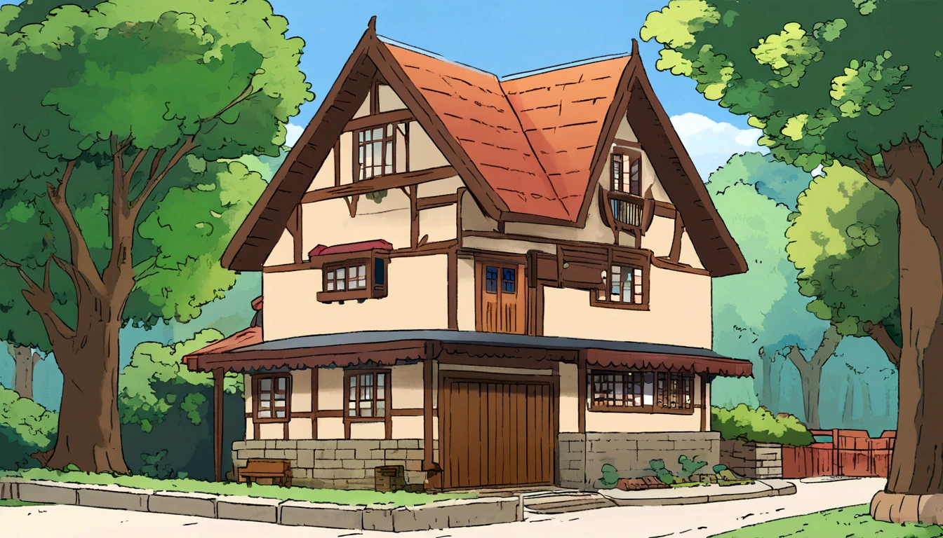 one house, front view, anime house, ghibli style