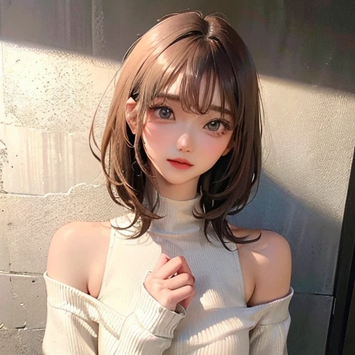 (highest resolution、clear_image)highest quality、woman、very detailed、semi-realistic、light cream hair、short hair、Long neckline、gray eyes、21 years old、shoulder length hair、mature、young、V-neck sweater、exquisite features、Cowboy Shot、Brown Eyes、Waist up shot