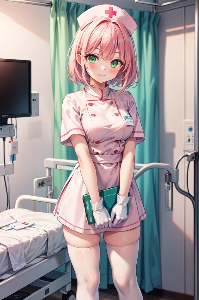1girl, solo, nurse, white nurse cap, white nurse uniform, ((white legwear, zettai ryouiki)), white gloves, pink hair, green eyes, drooping eyes, smile, standing, ((hospital room)), sharp outline, short sleeves, best quality, masterpiece