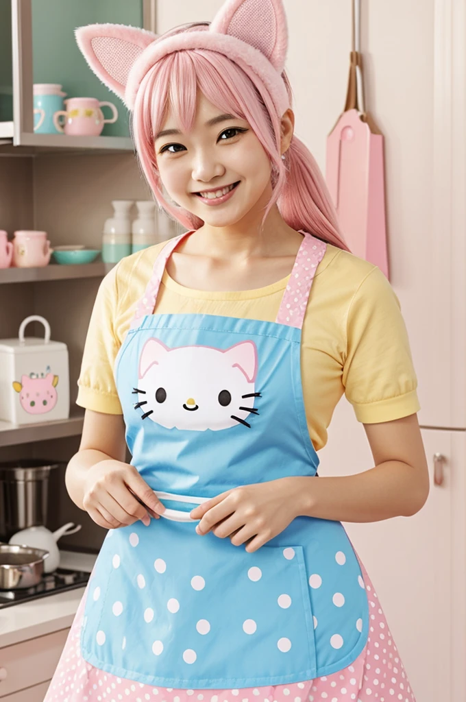 Sanrio character, adorable nose, pastel pink, blue and yellow fur, friendly smile, matching apron with cat ears, polka dot skirt