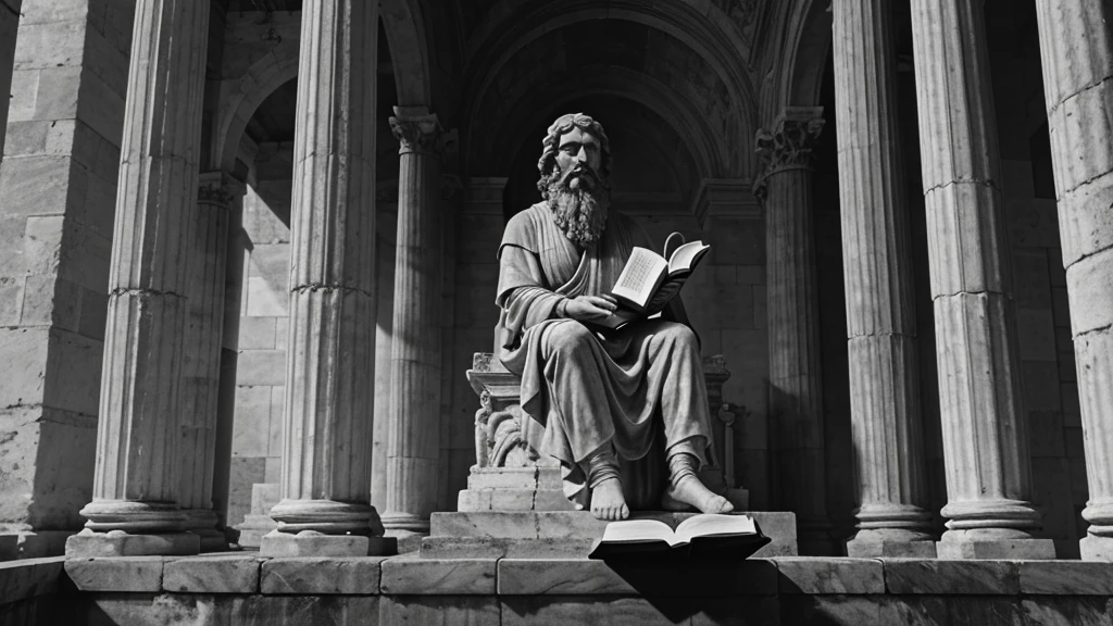 A grayscale image of a classical statue of a bearded man sitting and reading a book. The statue is draped in robes and appears thoughtful. In the background, there are ruins of ancient architectural structures with columns and arches. The text isn't just about recording events is superimposed on the image.