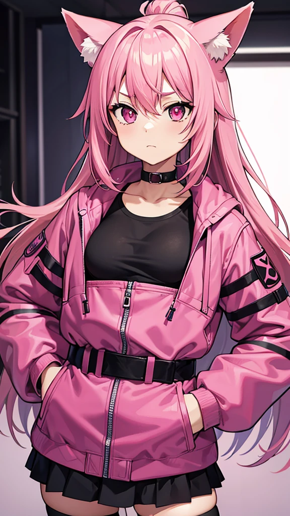 Magenta pink haired woman with pink fox ears, pink eyes, black clothes, thick kangaroo jacket, hands in pockets, front view and serious expression.