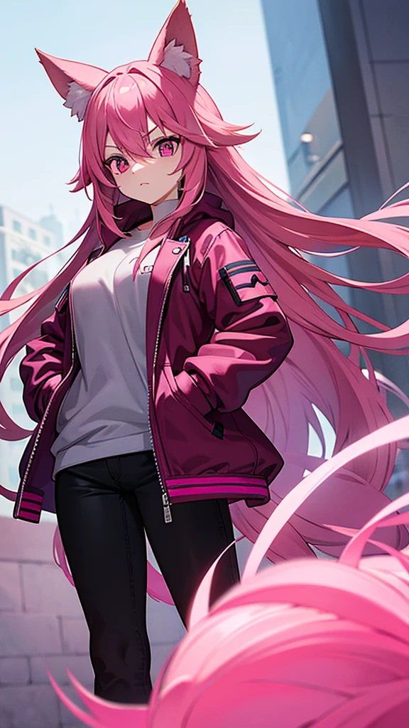 Magenta pink haired woman with pink fox ears, pink eyes, black clothes, thick kangaroo jacket, hands in pockets, front view and serious expression.