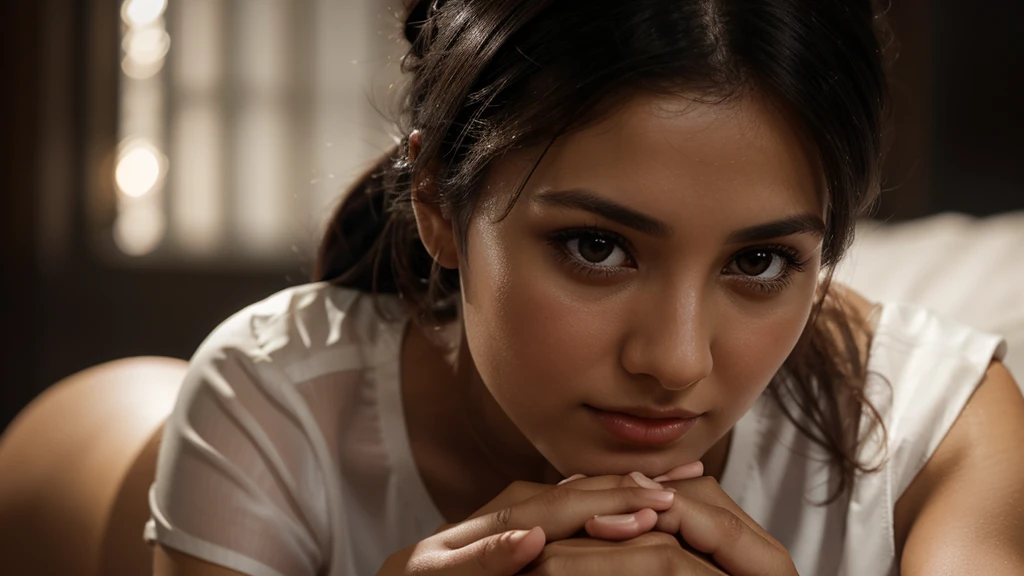 a beautiful woman praying on her knees and holding hands in prayer, dark background, close-up of a beautiful brunette woman wearing white shirt, dark brown eyes, black hair tied in a tight ponytail, beautiful detailed face, natural lighting, realistic , cinematic, beautiful