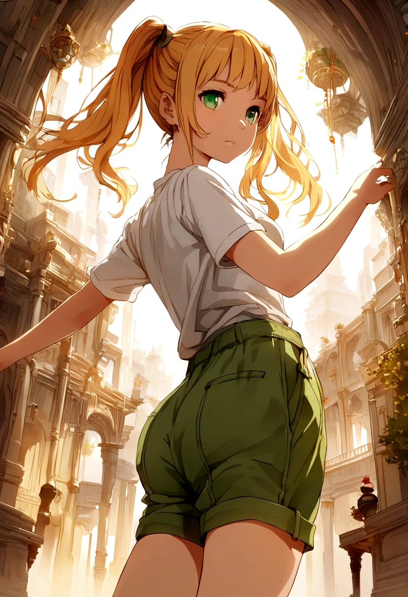 orange-blonde hair girl, pigtails to mid-back, green eyes, green jumpsuit, shorts, white t-shirt