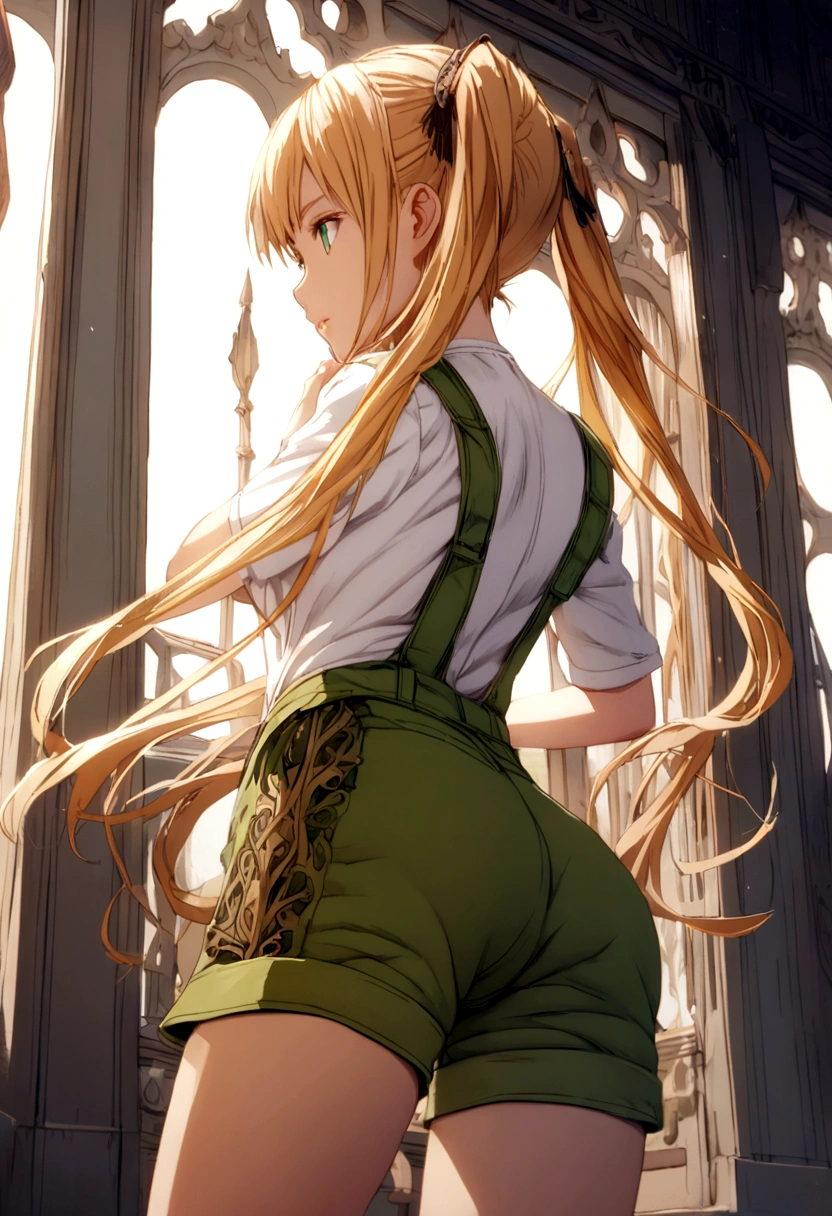 orange-blonde hair girl, pigtails to mid-back, green eyes, green jumpsuit, shorts, white t-shirt