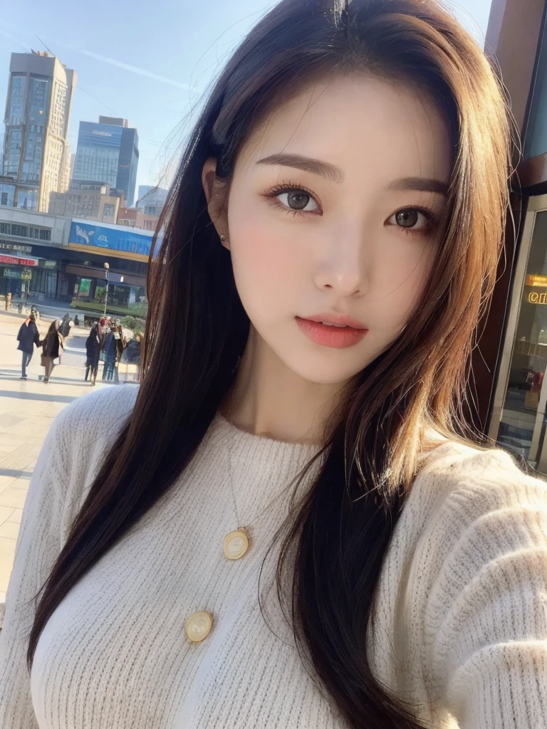 （Genuine， High resolution：1.3）， Girl with perfect body， Very beautiful face and eyes，Long Hair， City， sweater， Big Breasts，