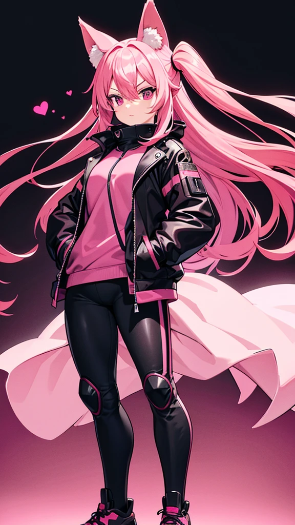 Magenta pink haired woman with pink fox ears, pink eyes, black clothes, thick kangaroo jacket, hands in pockets, front view and serious expression.