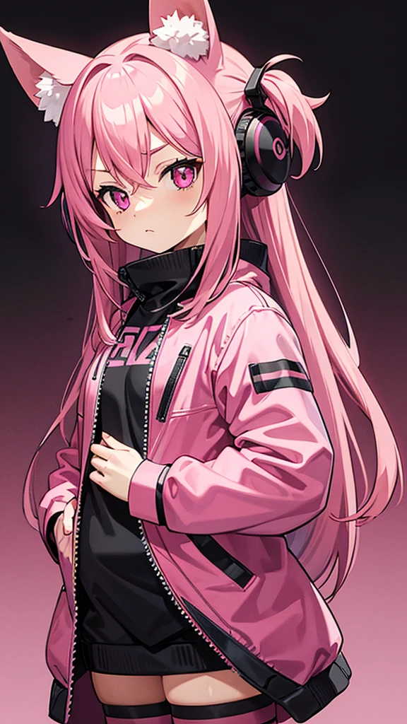 Magenta pink haired woman with pink fox ears, pink eyes, black clothes, thick kangaroo jacket, hands in pockets, front view and serious expression.