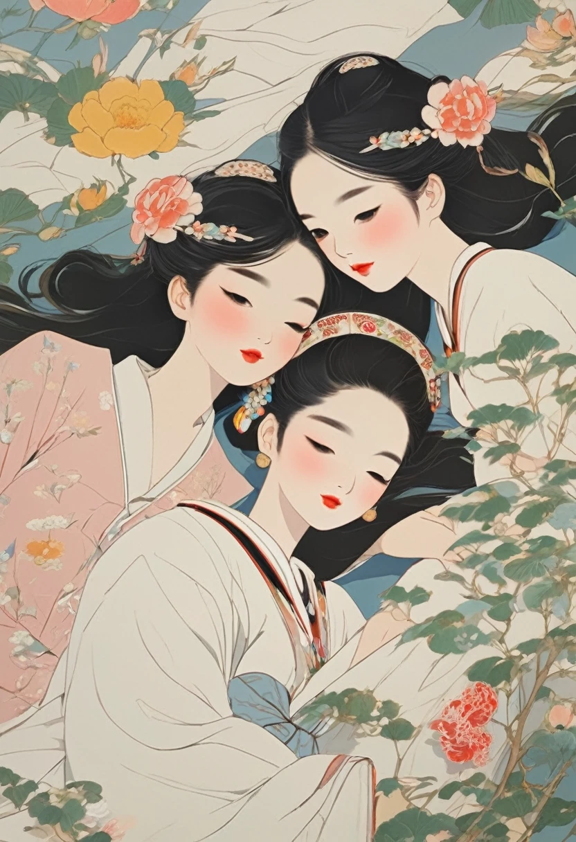 Two women in lingerie lying on the bed with flowers, Inspiration from Yan Juncheng, Yanjun Chengt, painting, Inspiration from Wang Khu, Inspiration from Chen Yifei, Roberto Ferry and Ruean Jia, The girls are resting., Two models in the frame, Two girls, Inspiration from Feng Huazhong, Inspiration from Zhang Xuan, By Dai Xi Close-up of a woman with a flower crown on her head., Asian features, Jinyoung Shin, Inspiration from Yan Juncheng, traditional art, Korean artist, Gorgeous Chinese model, Yanjun Chengt, fan art, By Ni Thian, beautiful south korean women, official artwork, By Woobin, Wen Fei Ye, Popular Korean cosmetics, Asian girl is definitely an abstract retro art print., sexy, A girl with beautiful legs wears a sailor's hat., bikini, A painting of a woman wife ((golden ratio}} Lying on the sofa after a night on the town., a painting, a Beautiful expressive painting, malcolm liepke painting, glossy painting, beautiful digital painting, digital art painting, Fine paintings, one color. malcolm liepke oil painting, impressionist painting.Spread your legs apart., Beautiful and delicate face, Beautiful skin