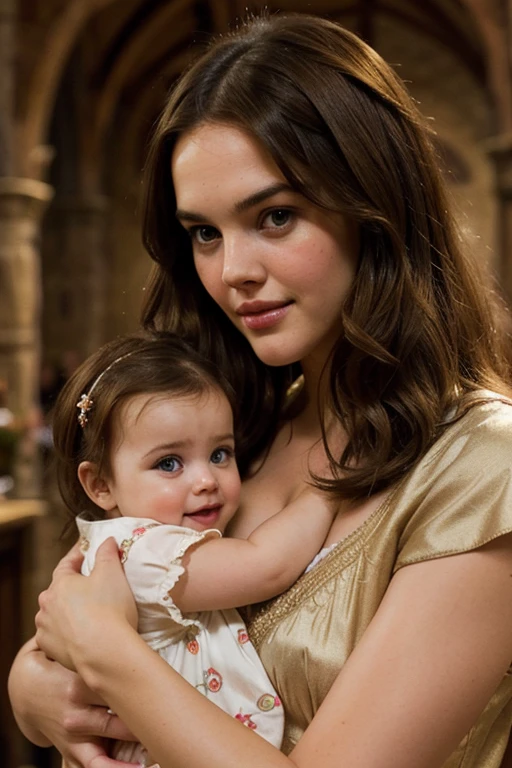 a brunette Jessica Brown-Findlay with a blonde haired girl, (medieval) (happy tears)