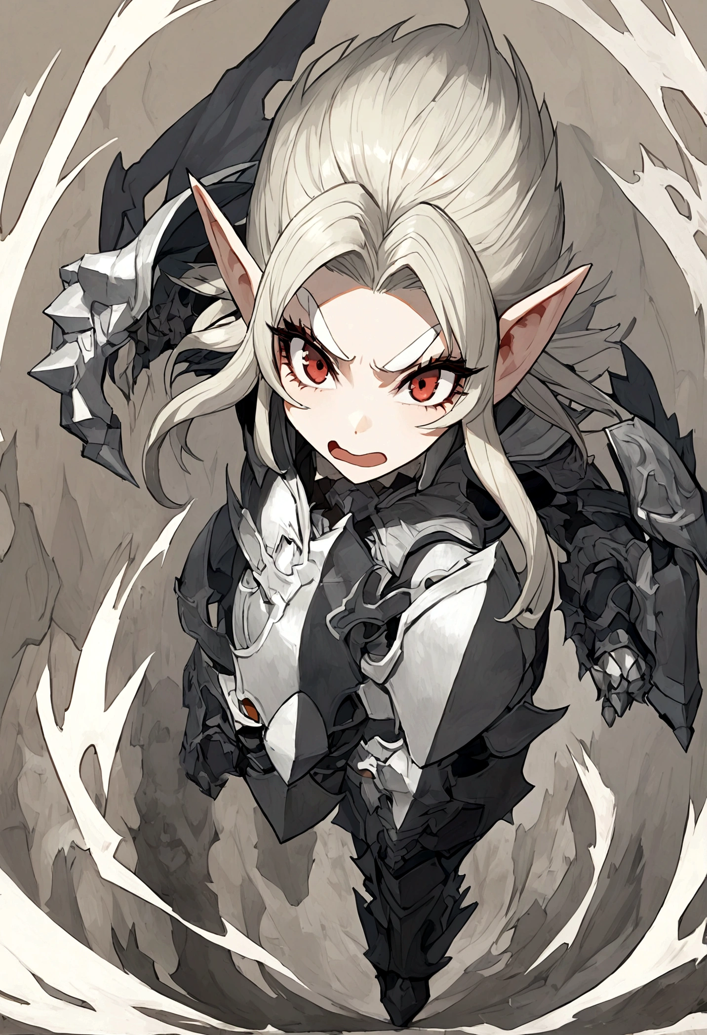 Everquest evil elf ,white eyebrows, eyelashes, curved mouth expression, smooth skin, long luscious platinum blonde hair, long detailed facialhair, full detailed body, detailed black red white shadow knight armor, fantasy dungeon and dragons world
