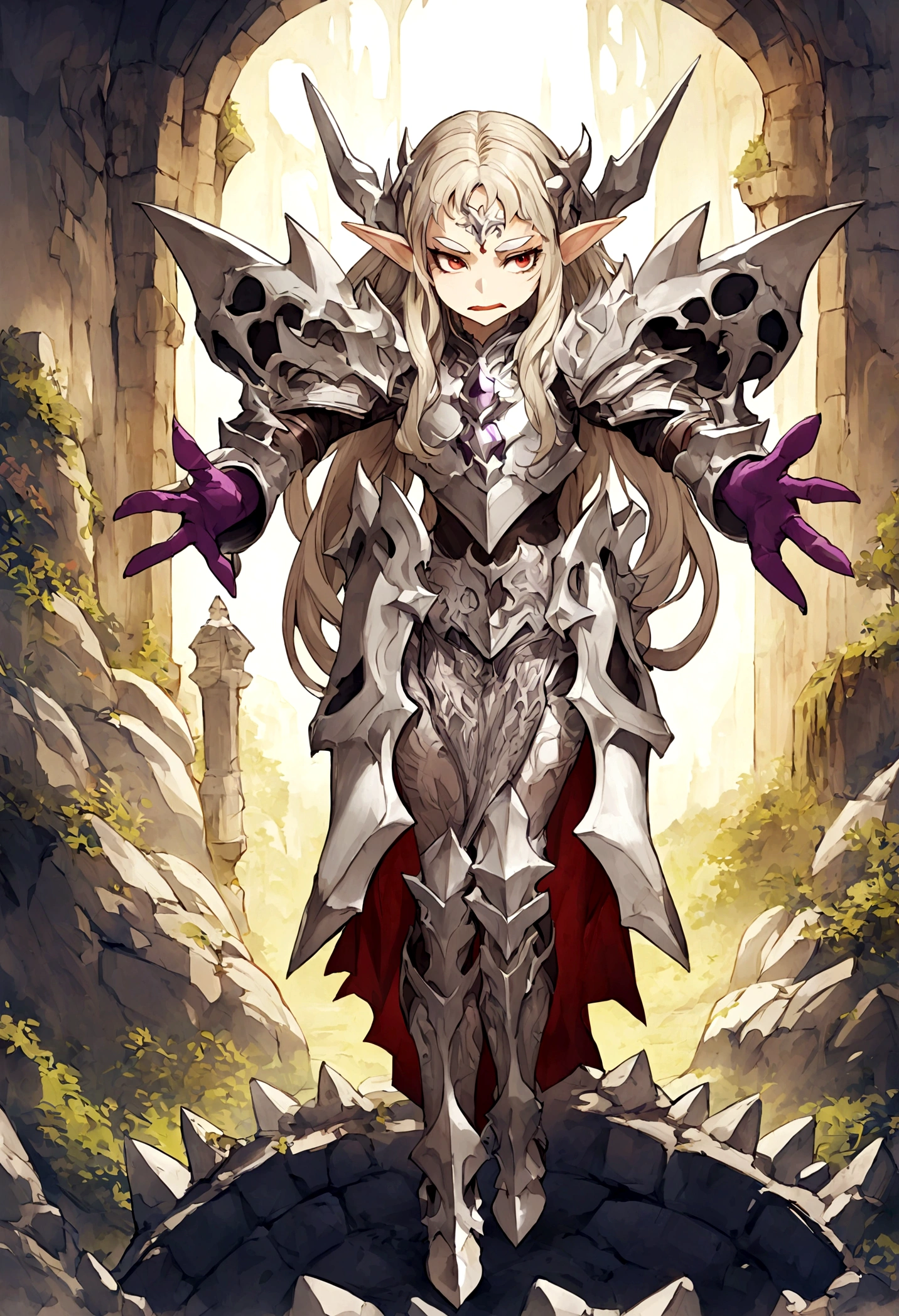Everquest evil elf ,white eyebrows, eyelashes, curved mouth expression, smooth skin, long luscious platinum blonde hair, long detailed facialhair, full detailed body, detailed black red white shadow knight armor, fantasy dungeon and dragons world