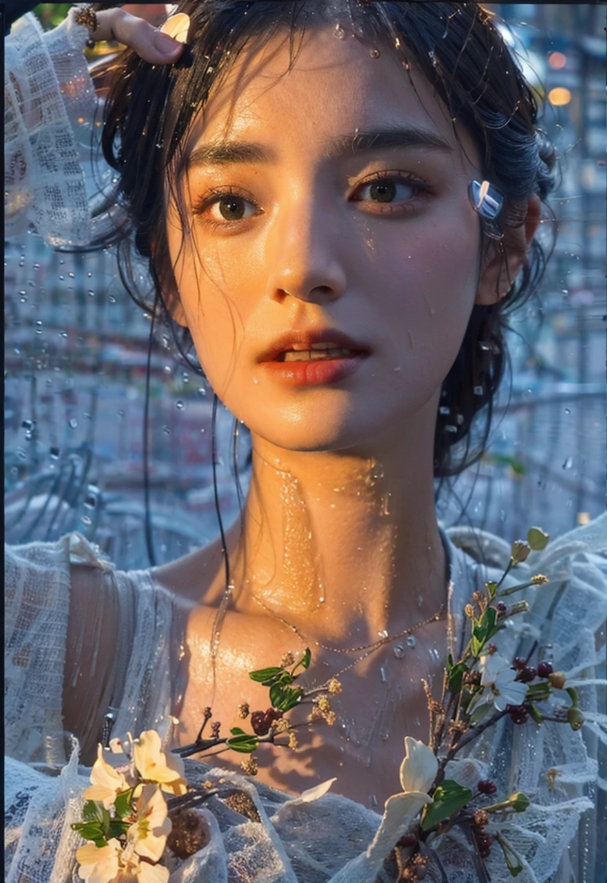 beautiful young girl, 18 years old, 4k, 8k, best quality, masterpiece:1.2, realistic, photorealistic:1.37, cute, night, rain, wet, professional lighting, photon mapping, radiosity, physically-based rendering, super resolution
