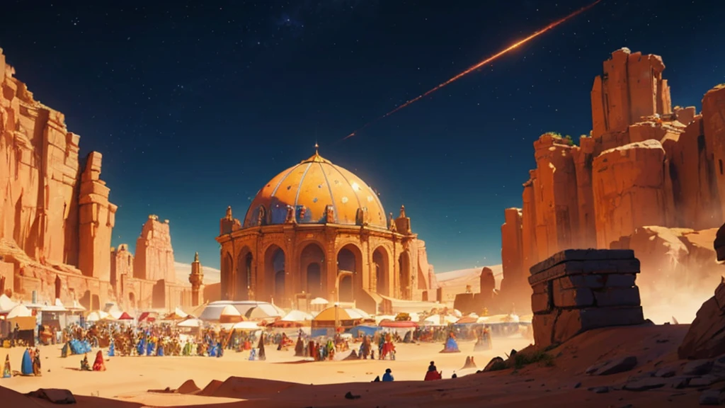 Masterpiece, digital artwork, A renaissance fair in Mars, renaissance village, people , crowd in renaissance fair, Mars background, highly detailed, intricately detailed, dynamic volumetric lighting, illustration, vibrant colors, global illumination,